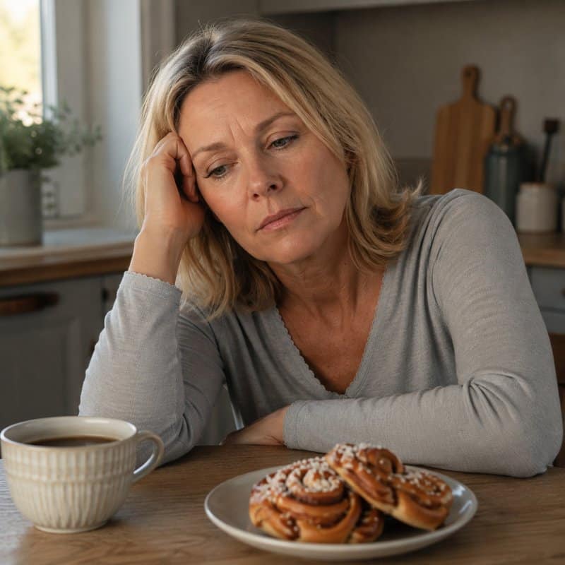 Nainen herkkujen äärellä iltapäivällä